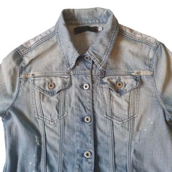 Size L 12 Designer Cropped Distressed Denim & Lace Jacket - Picture 3 of 15